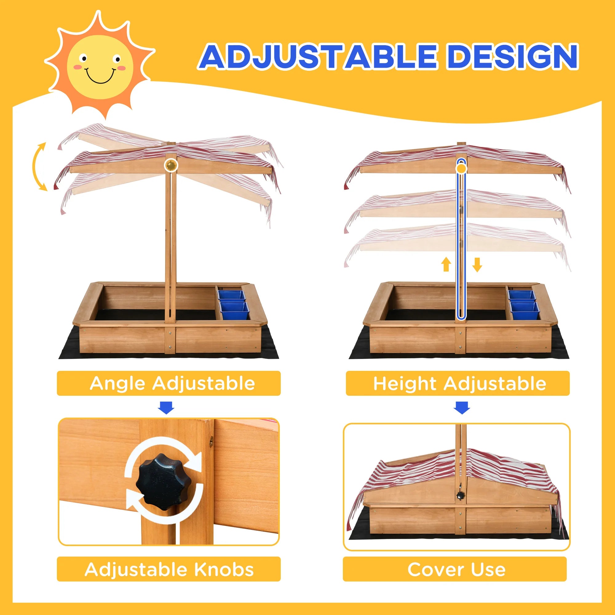 Outdoor Wooden Sandbox with Adjustable Canopy