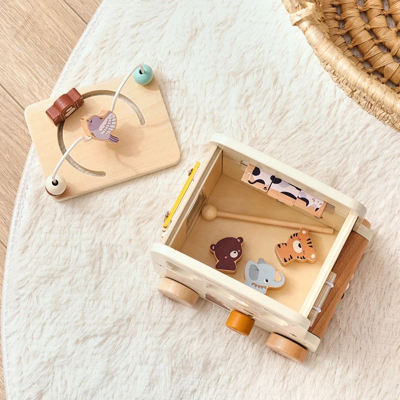 Montessori Wooden Animal Busy Bus Toy Activity Box
