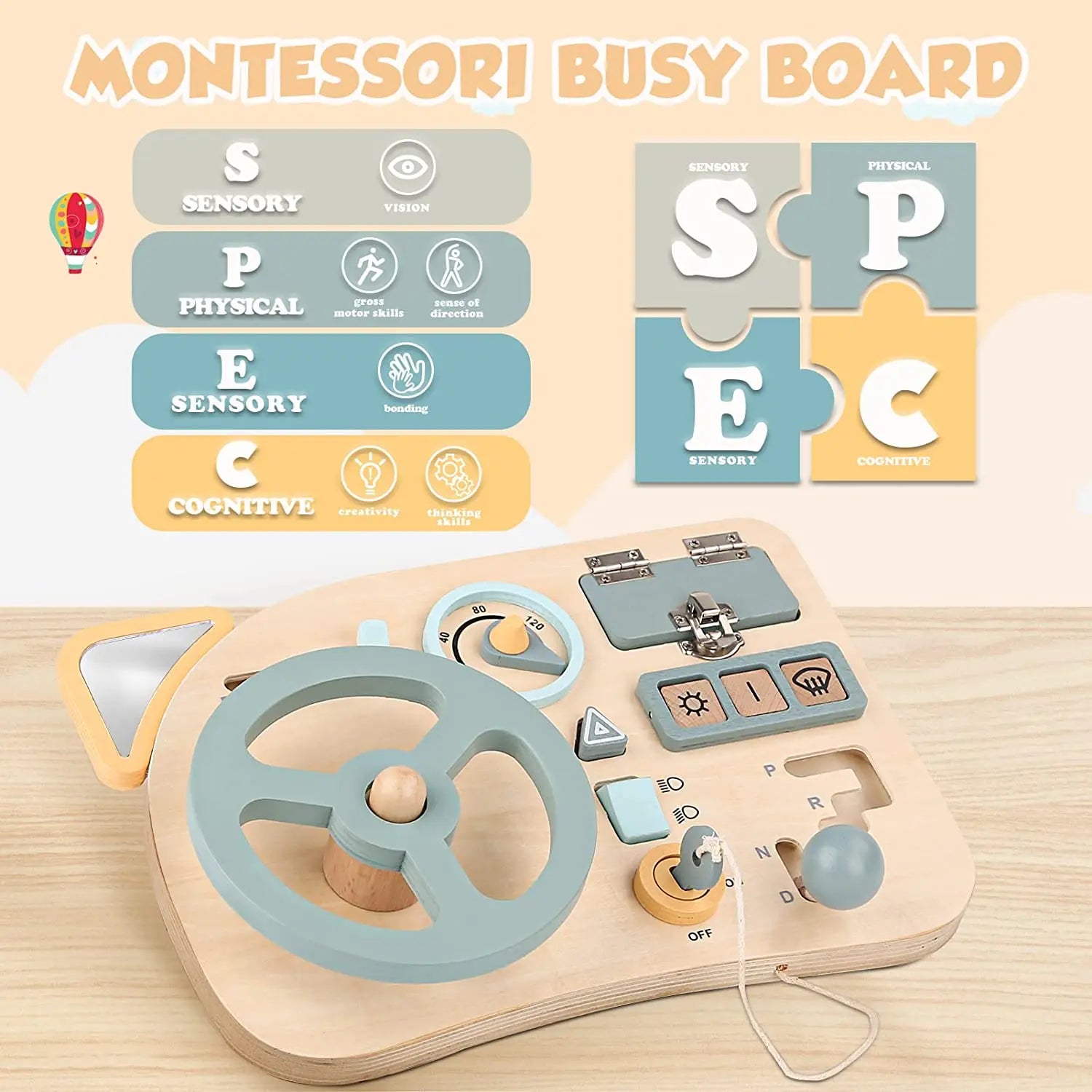 Montessori Wooden Busy Boards Sensory Toy – Educational Activity Board for Toddlers