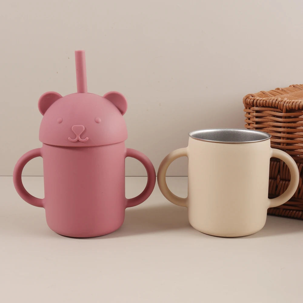250ml Stainless Steel and Silicone Bear Cup with Straw