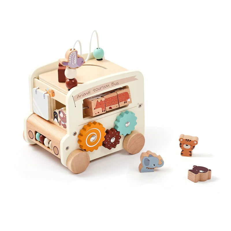 Montessori Wooden Animal Busy Bus Toy Activity Box
