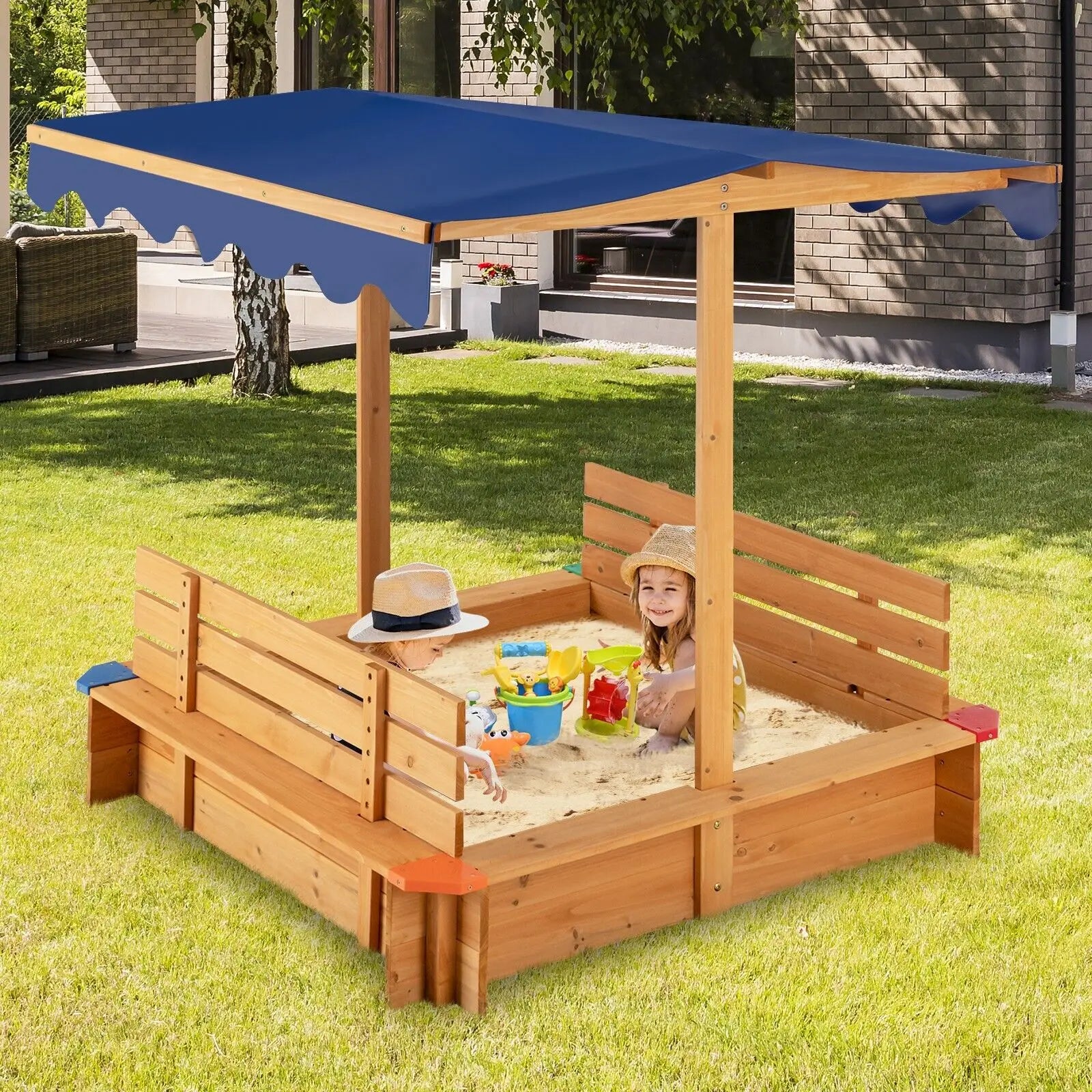 Kids Outdoor Wooden Sandbox with Canopy for Toddlers & Children