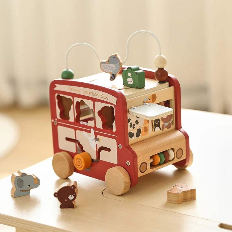 Montessori Wooden Animal Busy Bus Toy Activity Box