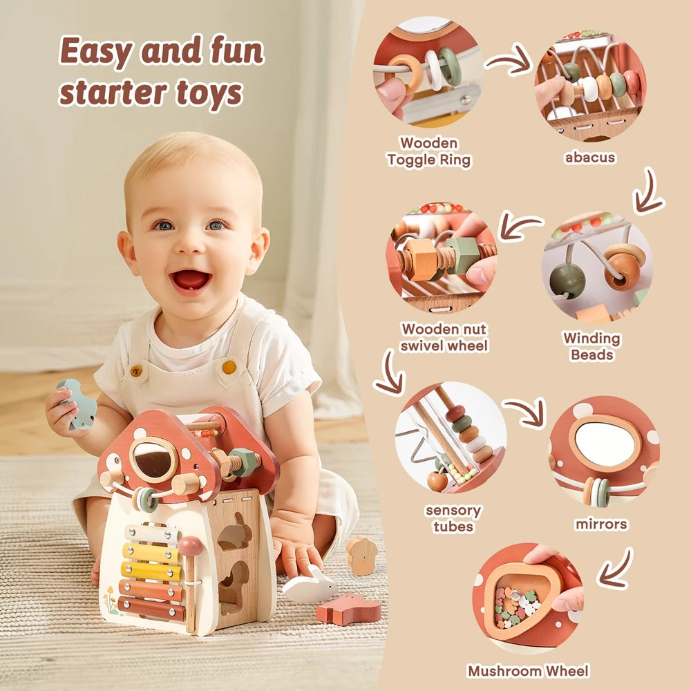 Montessori Wooden Mushroom Baby Busy Box