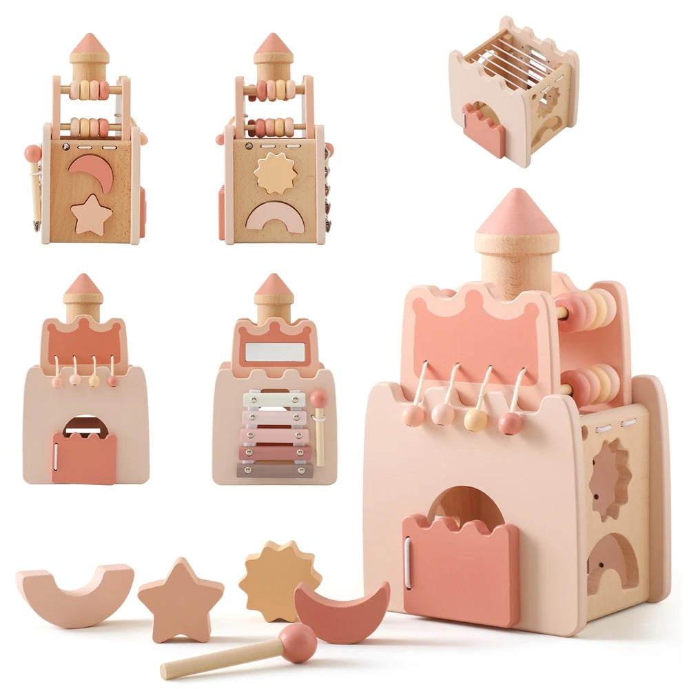 Montessori Wooden Castle Shape Block Puzzle – Educational Busy Box Toy for Babies and Toddlers