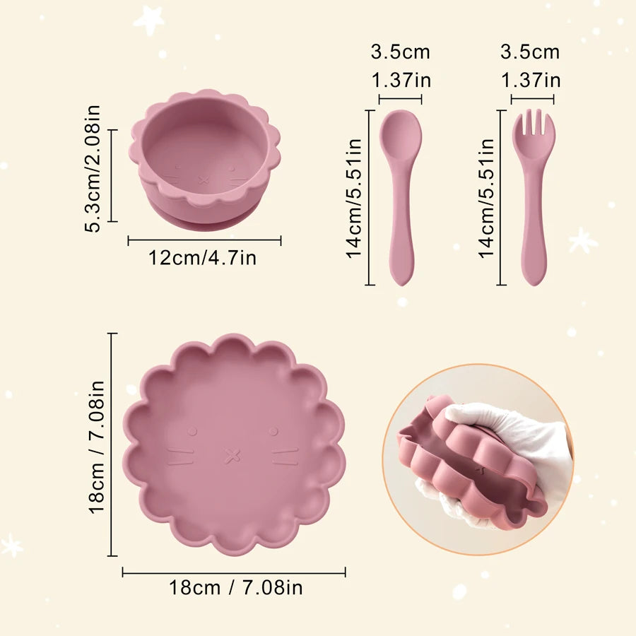 4 pcs Lion Shape Silicone Baby Plate and Bowl Set