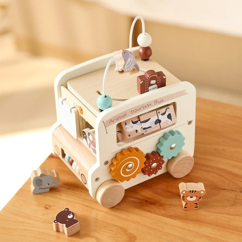 Montessori Wooden Animal Busy Bus Toy Activity Box