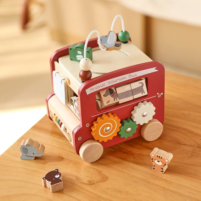 Montessori Wooden Animal Busy Bus Toy Activity Box
