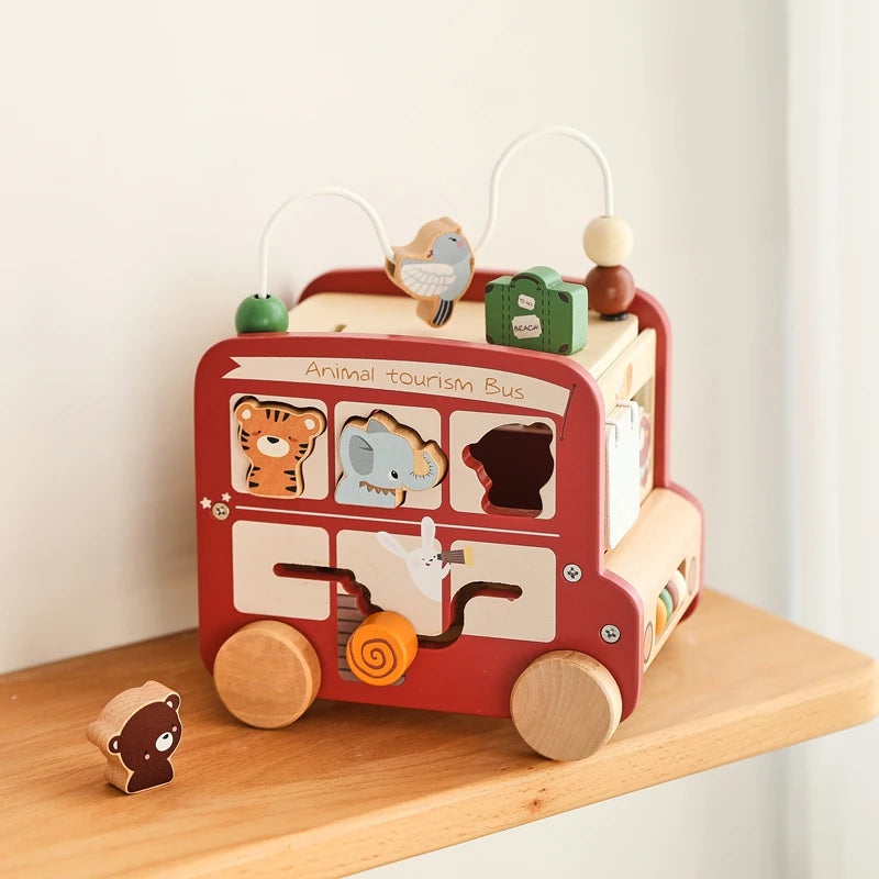 Montessori Wooden Animal Busy Bus Toy Activity Box