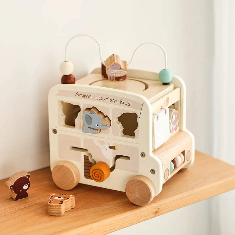 Montessori Wooden Animal Busy Bus Toy Activity Box