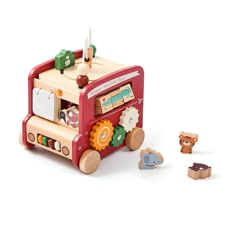 Montessori Wooden Animal Busy Bus Toy Activity Box