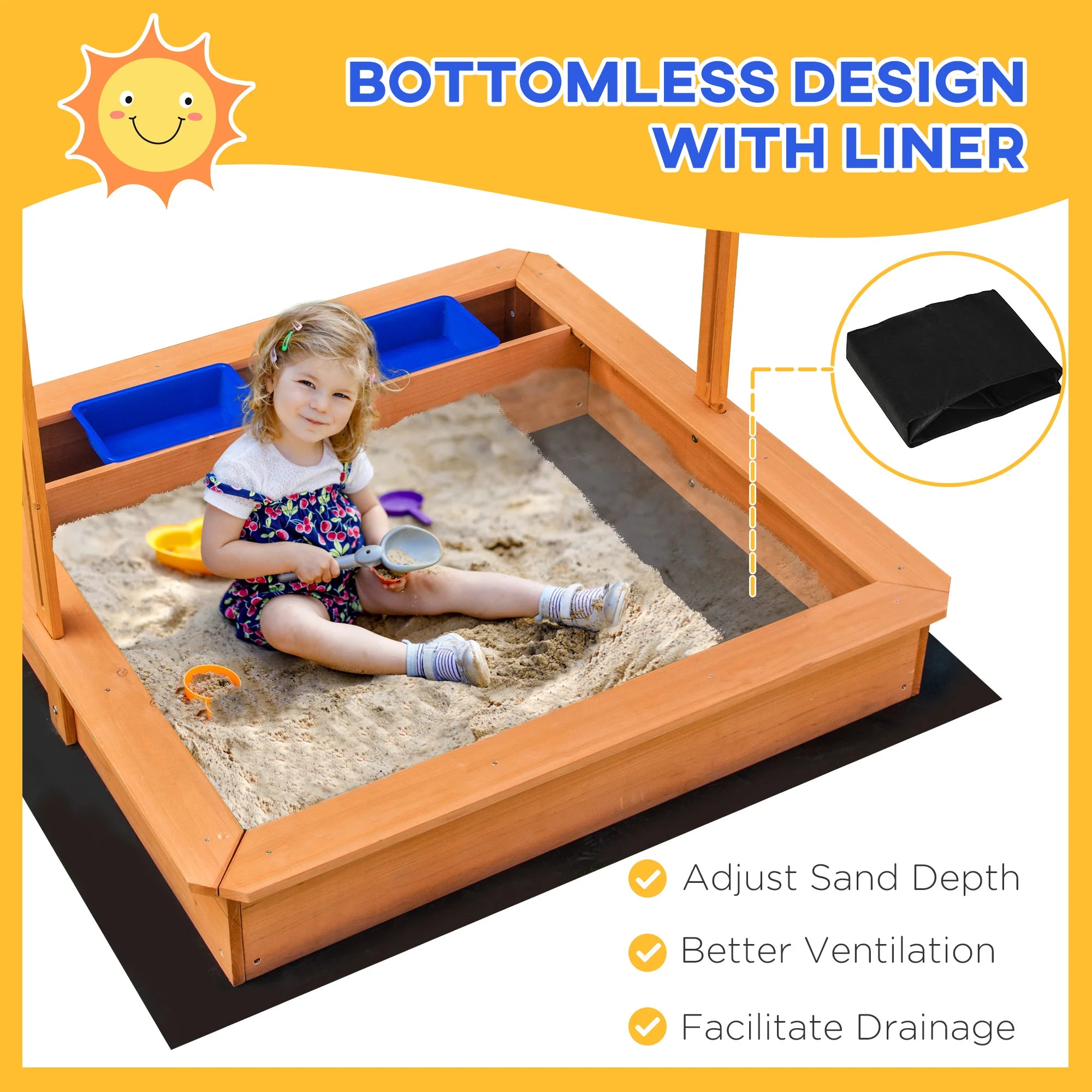 Outdoor Wooden Sandbox with Adjustable Canopy