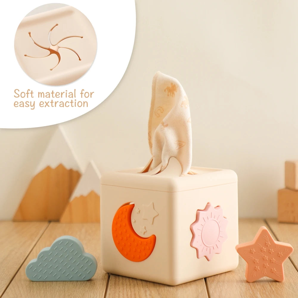 Silicone Baby Tissue Box Toy for Sensory Play & Development