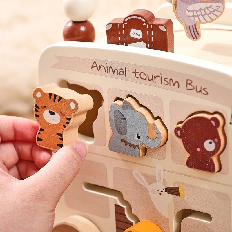 Montessori Wooden Animal Busy Bus Toy Activity Box