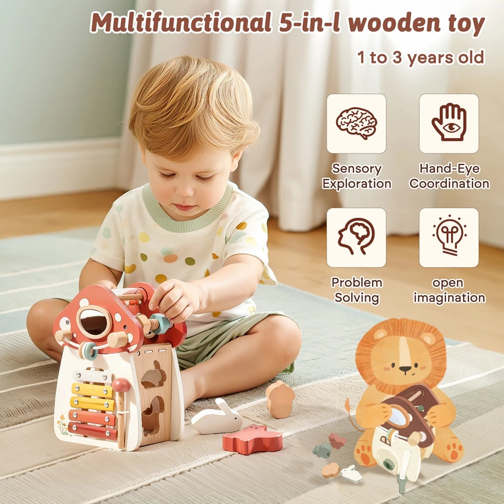 Montessori Wooden Mushroom Baby Busy Box