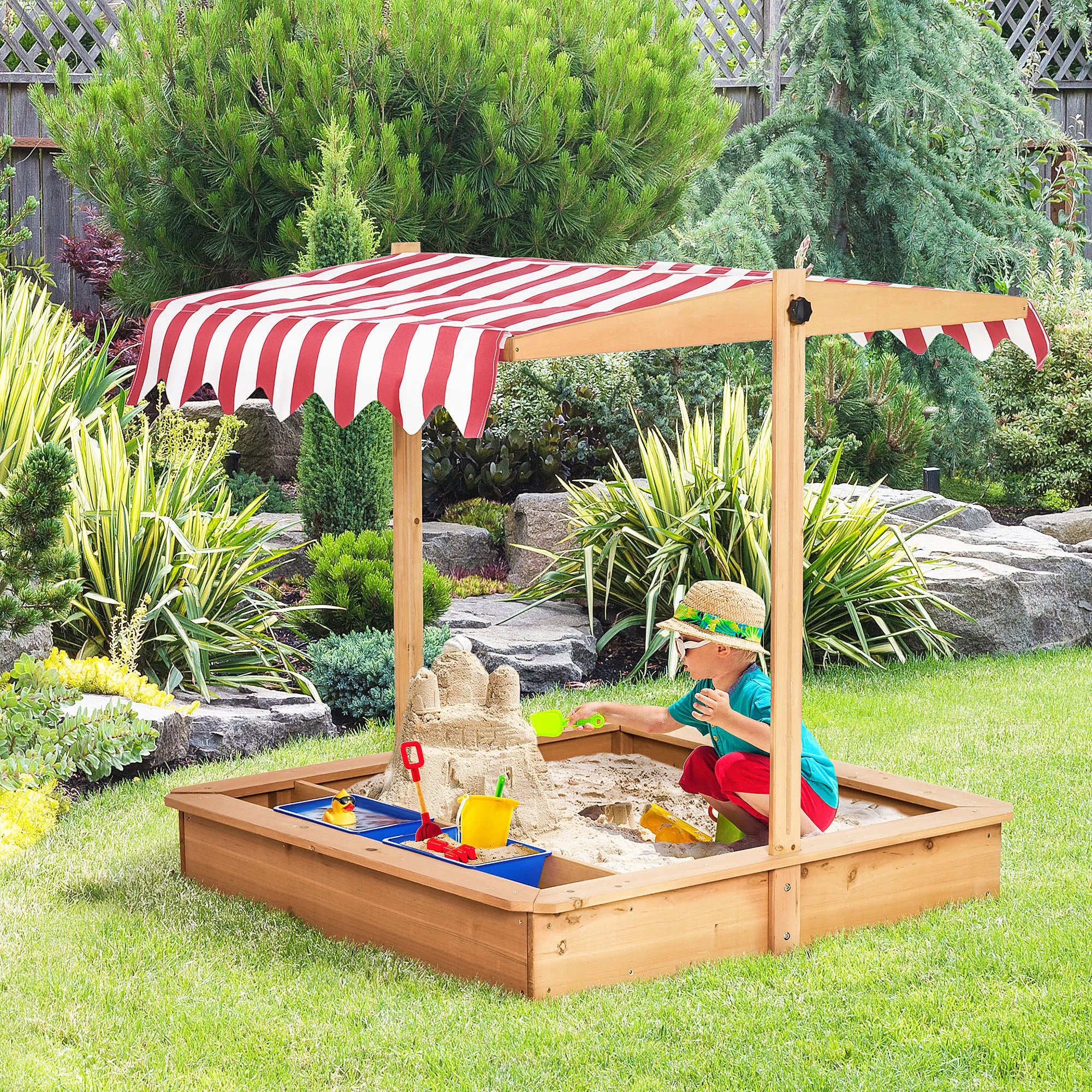 Outdoor Wooden Sandbox with Adjustable Canopy