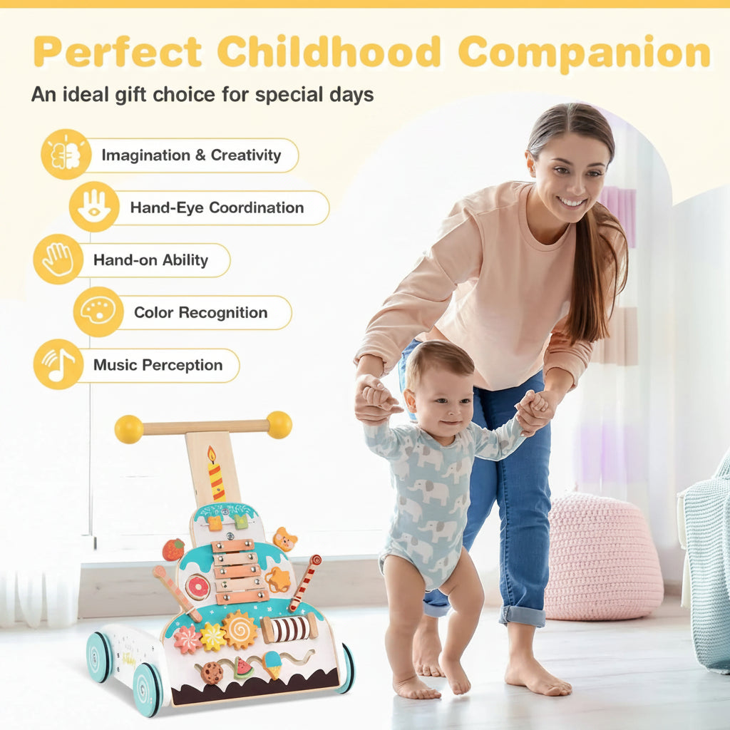 Height Adjustable Montessori Wooden Baby Walker & Activity Centre