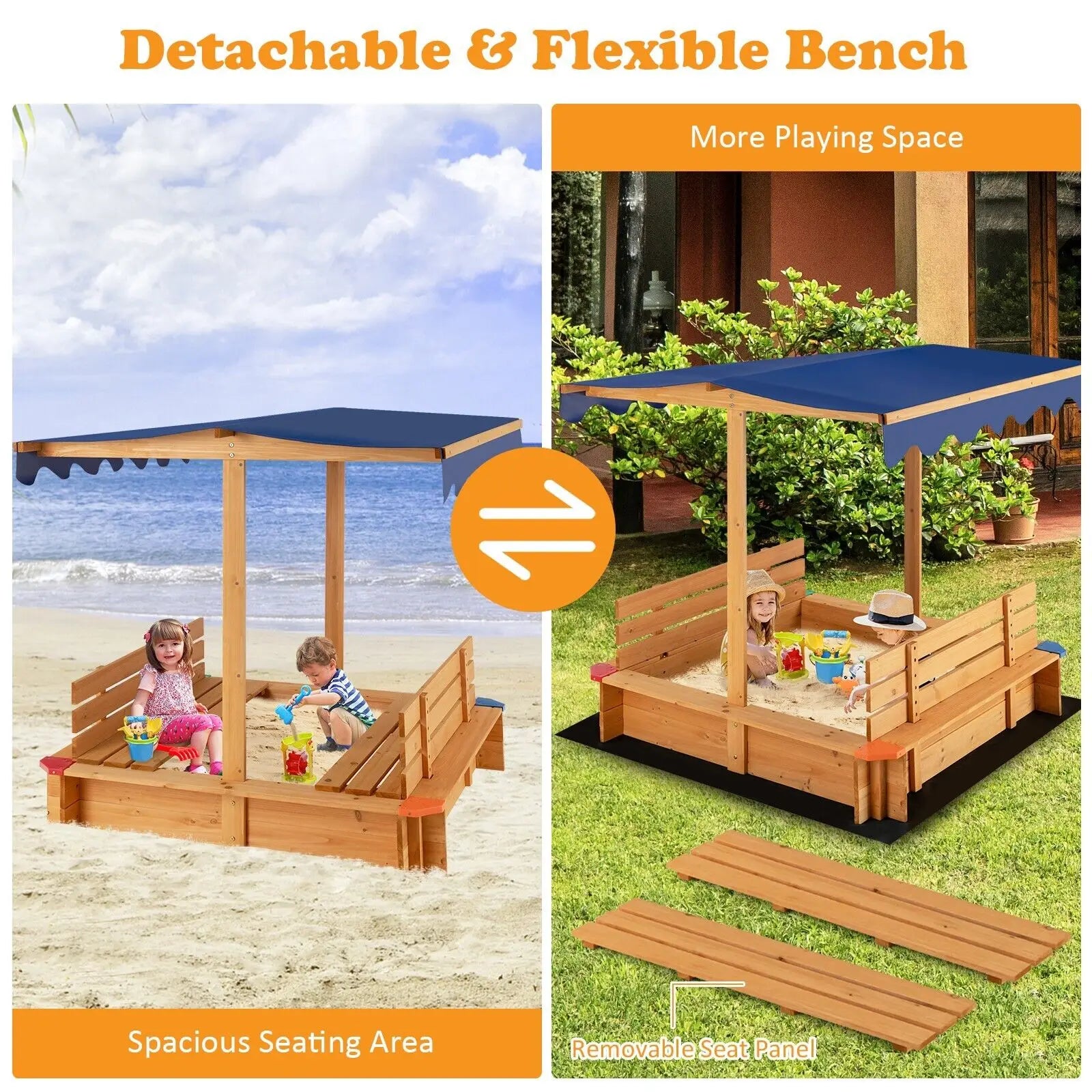 Kids Outdoor Wooden Sandbox with Canopy for Toddlers & Children
