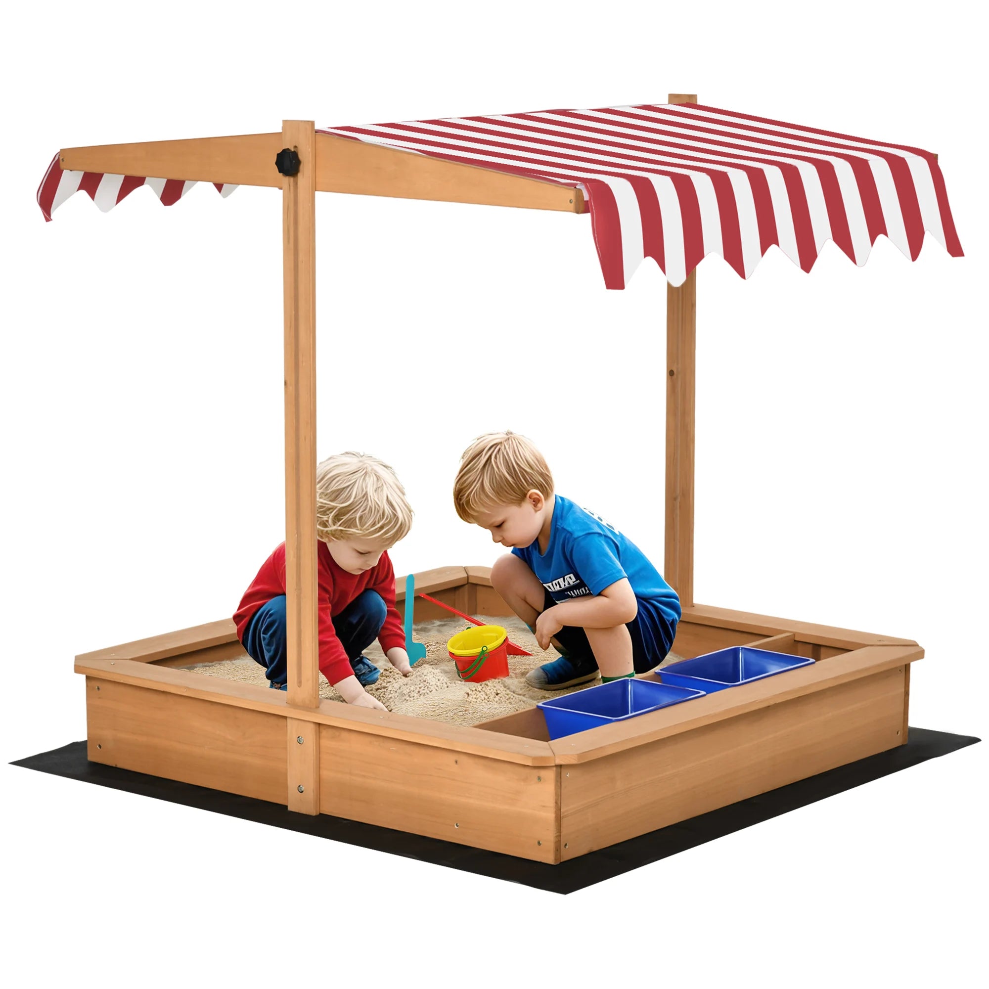 Outdoor Wooden Sandbox with Adjustable Canopy