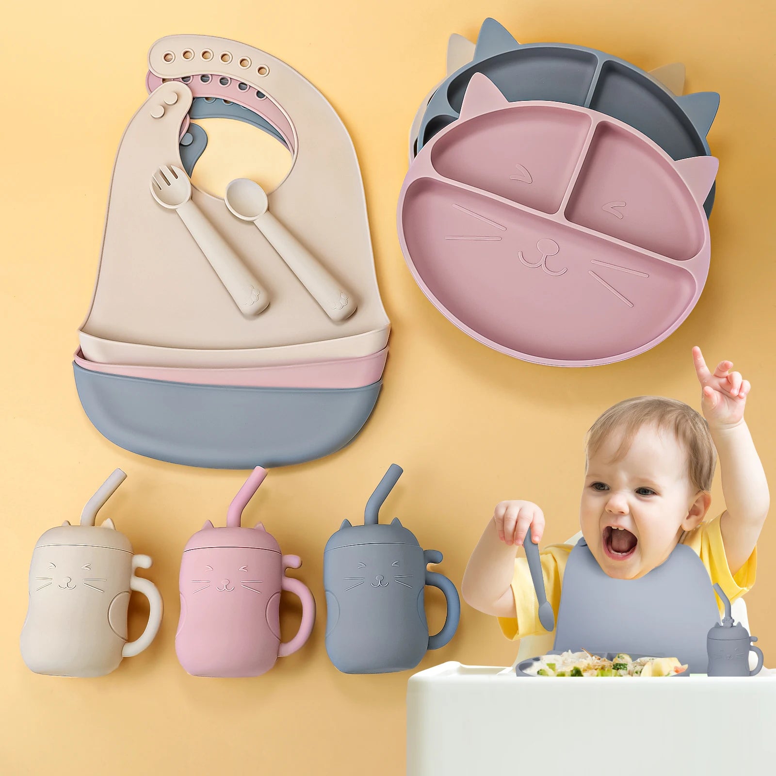 Cat 7 pcs Silicone Baby Feeding Set