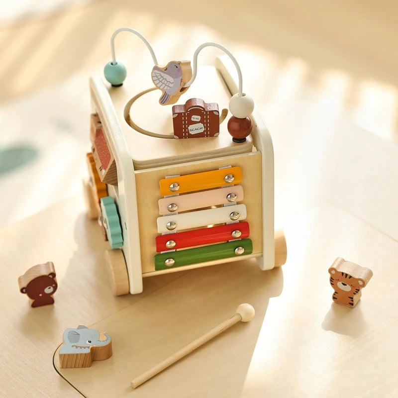 Montessori Wooden Animal Busy Bus Toy Activity Box