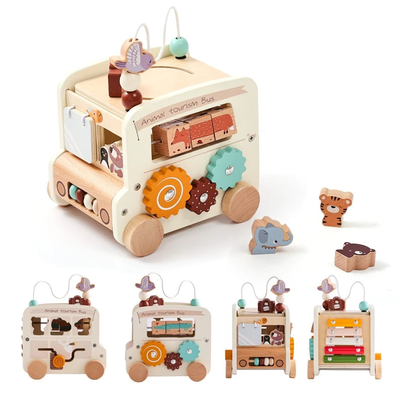 Montessori Wooden Animal Busy Bus Toy Activity Box