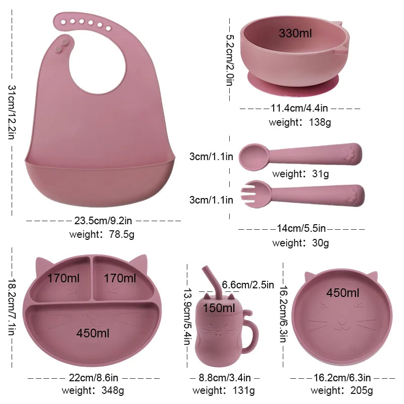 Cat 7 pcs Silicone Baby Feeding Set