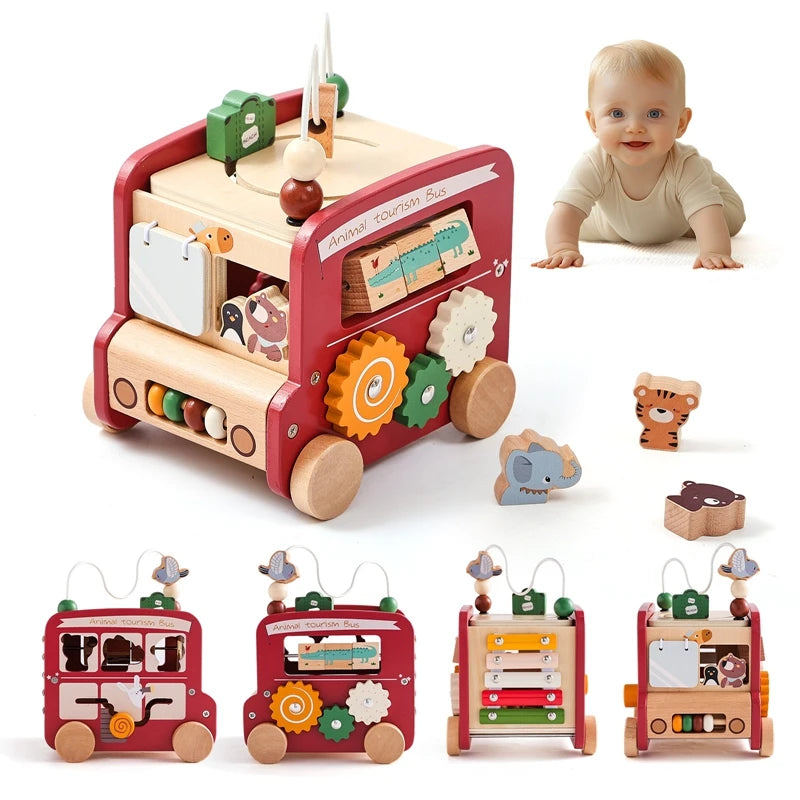 Montessori Wooden Animal Busy Bus Toy Activity Box